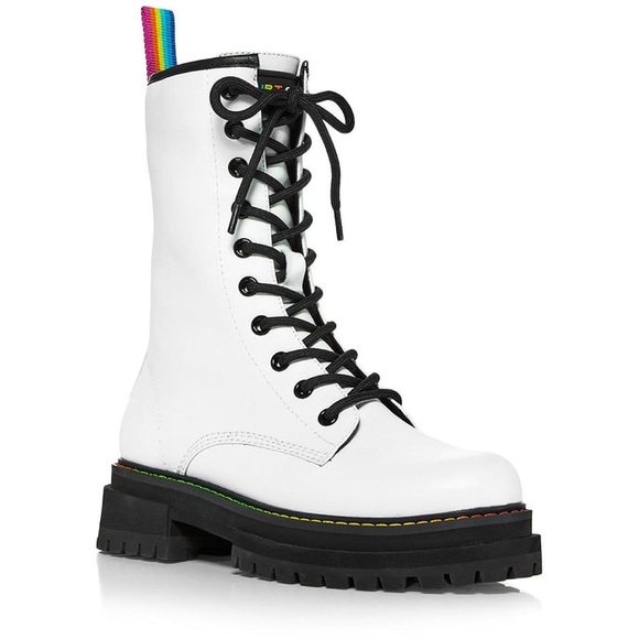 Kurt Geiger Other - White Leather Combat Boots with Rainbow Pull NIB